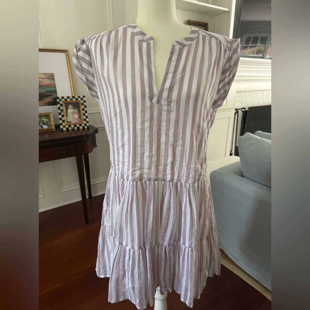 Oliphant Grey and White Striped Midi Dress Large